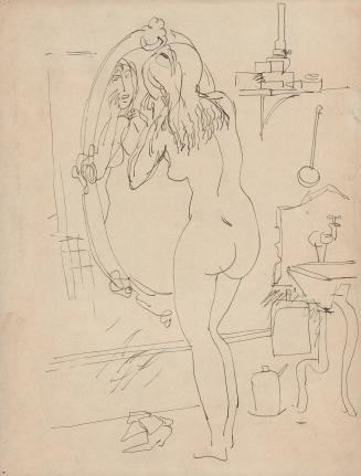 [nude woman standing before a mirror]