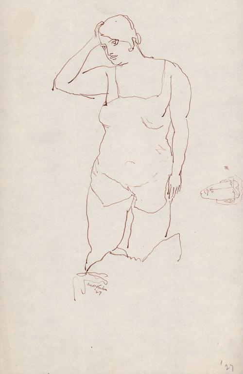 [Study of standing woman with right hand on head]