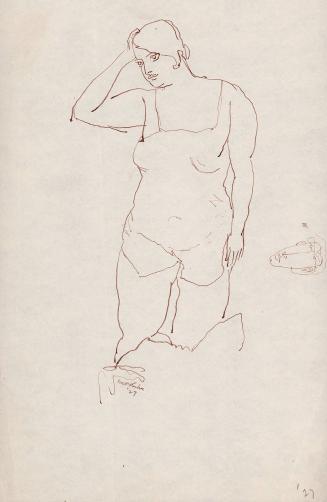 [Study of standing woman with right hand on head]