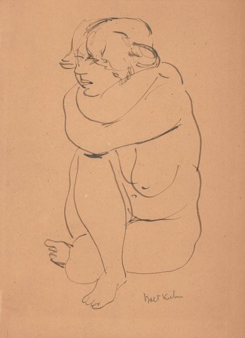 [Seated female nude with arms wrapped around neck]