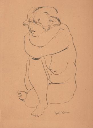 [Seated female nude with arms wrapped around neck]