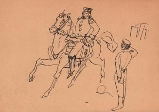 [soldier on a horse next to a soldier standing at attention]