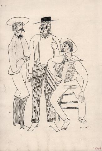 [three men, two standing and one seated, conversing]