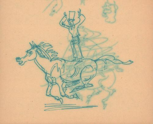 [Circus performer standing on a galloping horse]