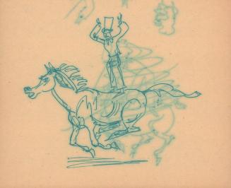[circus performer standing on a galloping horse]