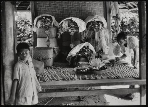 Bali - Sanur. Dance ceremonial masks, covered with white cloth while in the temple area