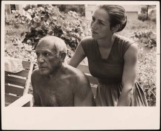 Pablo Picasso sitting with Francoise Gilot, Golfe-Juan, Provence-Alpes-Cote d' Azur, France