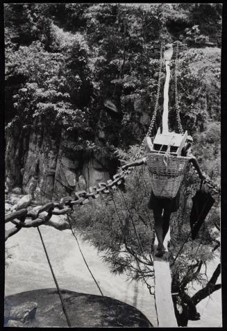 Person walking across narrow bridge with basket on their back, Upper Himalayan Valley, Napal