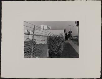 Car & fence & bush, San Diego, California, 1970