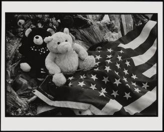 Two teddy bears on flag, World Trade Center, New York City, USA