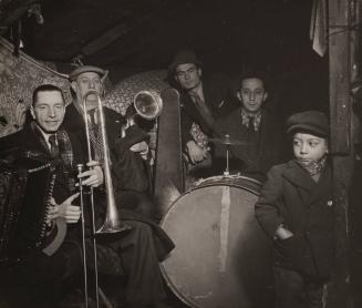 Orchestra in cafe playing after a pelota, Sare, Basque Country, France