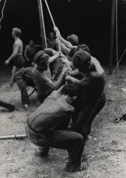 Traveling circus workers installing tent, Marseille, France