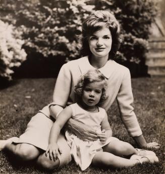 Portrait of Jackie Kennedy with children, Caroline and JFK Jr. outdoors