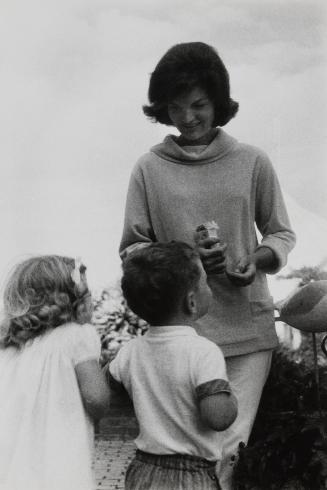 Jackie Kennedy with children, Caroline and JFK Jr. outdoors