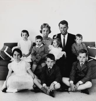 Portrait of Bobby and Ethel Kennedy with children Kathleen, Joseph, Robert Jr., David, Courtney, Micheal, and Kerry