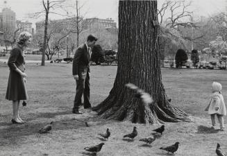 Ted and Joan Kennedy playing with daughter, Kara, in park, Boston