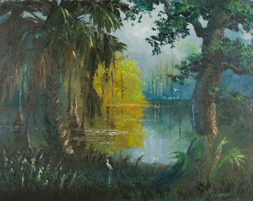 [Florida landscape, swamp/forest with herons in water]