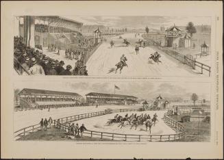 Saratoga Race Course - a. Jockeys Exercising Their Horses in Front of the Grandstand Previous to the Race; b. A Start for a Mile-and-Three Quarter Dash, Frank Leslie’s Illustrated Newspaper, August 14, 1875, page 400