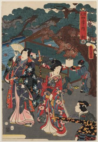 Group of figures and a teahouse in background