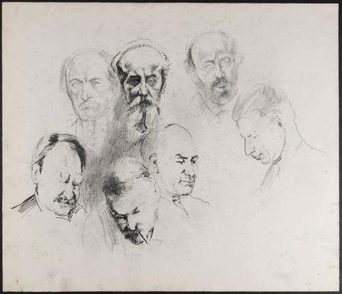 [Sketches of seven male heads]