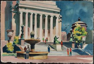 [Columned building with staircase and fountain]