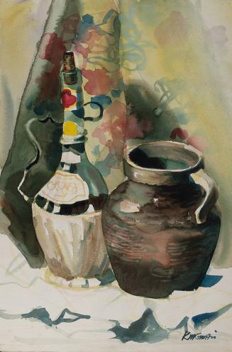 [Still life with wine bottle and jug]
