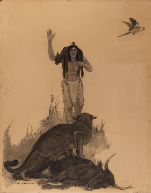 Indian carrying a calf