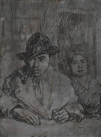 Artist Sketching (in hat and coat), woman in rear