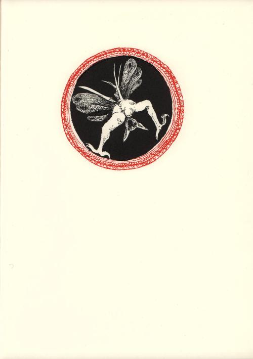 untitled [grotesque, creature with wings, red border encircling image]