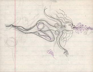 (3) untitled [sketch, flying nude woman, blowing flowers out of her mouth]