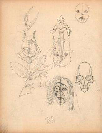 (9)  untitled [two sided sheet, studies of heads and musical instruments]