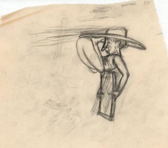 (22)  untitled [sketch, figure balanced on his hat, holding up a mirror on his back toward a flying bird]