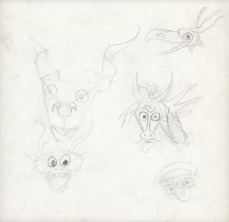 (35)  untitled [sketches, masks and dragons; verso sketch, “Perambulating Vegetables”]