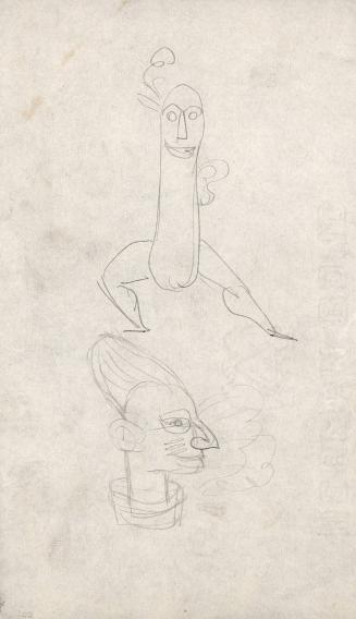 (39)  untitled [two sketches, armless figure dancing (a hotdog?) and African mask-style head]