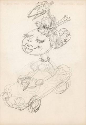 (45)  untitled [sketch, woman driving a car with bird on her head driving the woman]