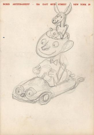 (46)  untitled [sketch, man driving a car with a donkey on his head driving the man]