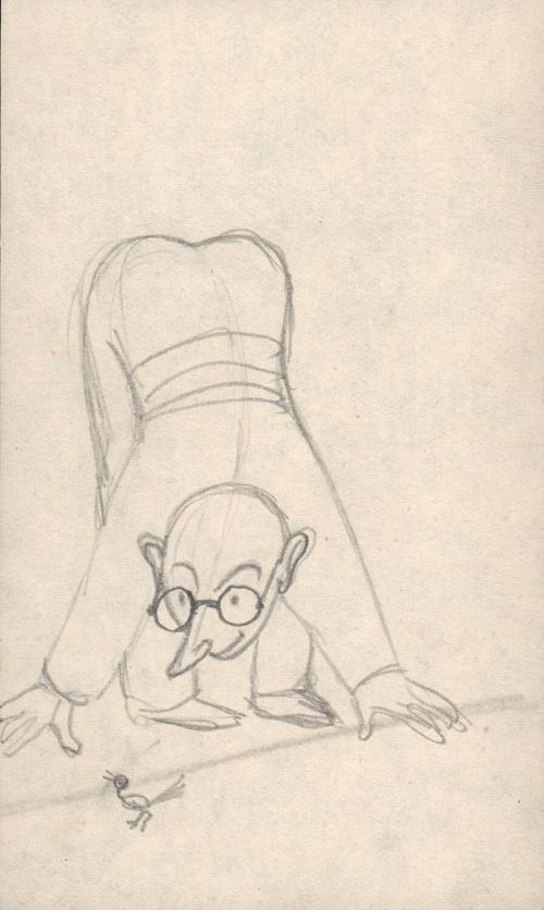 (56)  untitled [sketch, man wearing glasses bending down to look at a tiny bird]