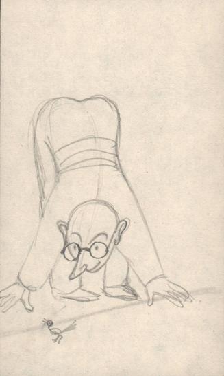 (56)  untitled [sketch, man wearing glasses bending down to look at a tiny bird]