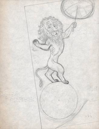 (124) untitled [sketch, lion holding an umbrella, balancing on a ball (sketch within suggesting the earth)]