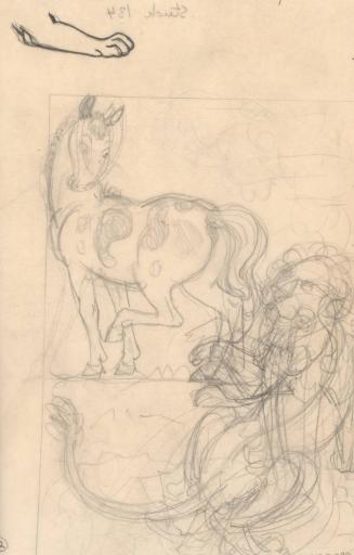 (132) untitled [sketch, spotted horse with lion; sketch of lion paw]