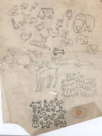 (136) untitled [various sketches of animals (bears, ducks, deer, warthogs, bunny, birds, owl, fox; and a tree)]
