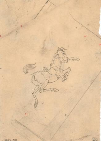 (142) untitled [sketch; old boney horse, wearing saddle, trotting]