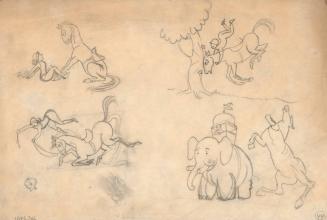 (144) untitled [sketches; three scenes of a horse and female rider having various accidents, and other sketches]