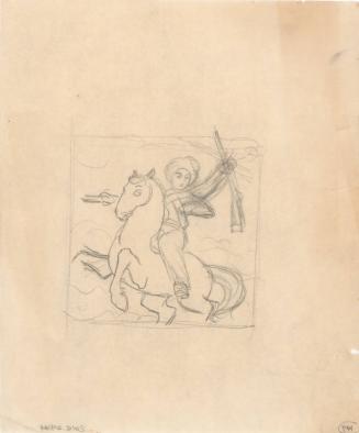 (147) untitled [sketch, horse with gun wielding rider wearing turban]