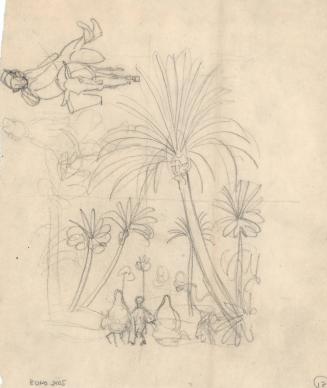 (151) untitled [sketch, palm trees, camel, figures (Middle Eastern men), and a figure riding a donkey]
