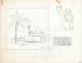 (153) untitled [sketches, Middle Eastern landscape with buildings/fortress; snake charmer]