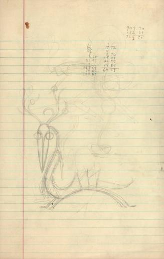 (158) untitled [sketch, creature with antlers, beak shaped head, spiny back]