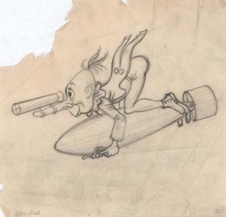 (166) untitled [sketch alien character riding torpedo wearing a telescope strapped to his nose]