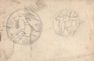 (76) untitled [sketch, goat and deer [studies for design elements, animal, two figures in circles, goat (left), deer (right)]