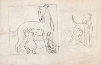 (106) untitled [sketch, two dogs left side, big dog with dachshund, cartoon features]